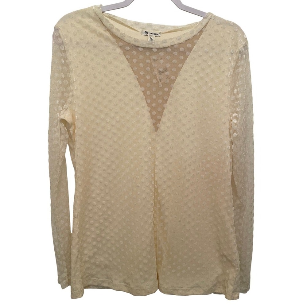 VERSONA Cream Polka Dot Sheer Long Sleeve Top Women's Size M Whimsical Winter